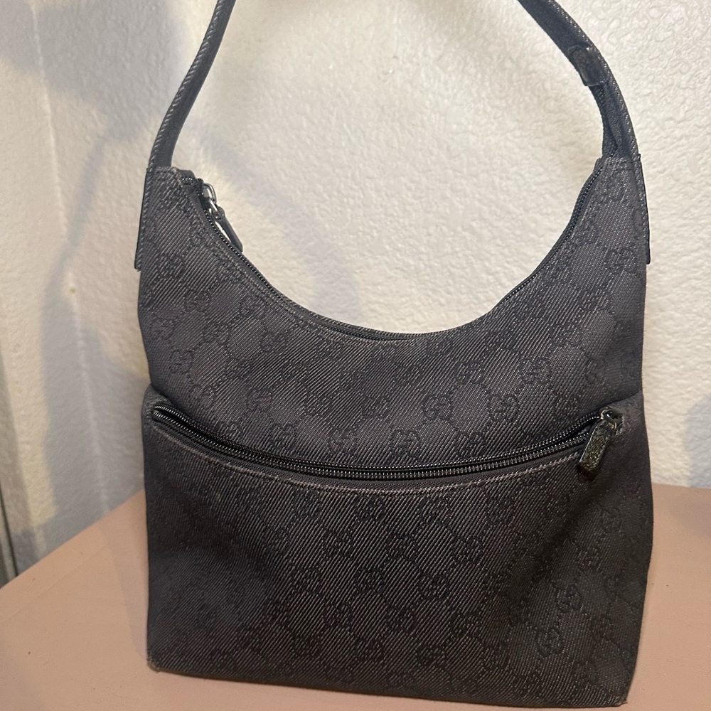 Vintage Gucci Black Denim Monogram Shoulder Bag